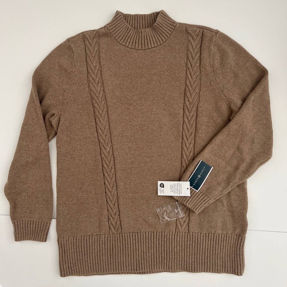NWT Karen Scott brown beige cotton mock neck knit sweater cable braid large